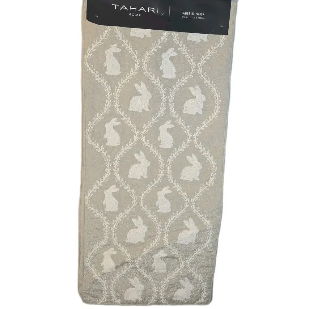 Tahari Easter Table Runner Shabby Chic Farmhouse Bunny Embroidery NWT Shimmer